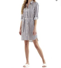 $320 FINLEY « Carter » belted above knee button front shirt dress- multi stripe S