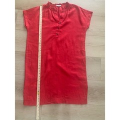 Mat de Misaine Red 100% Linen Ruffle Henley Shift Dress Side Pockets ROSARIO