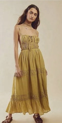 Free People Taking Sides BOHO Moss Maxi Dress Open Back Smocked Endless Summer S