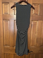 Athleta Comeback Black/White Striped Ruched Scoop Neck Sleeveless Midi Dress M