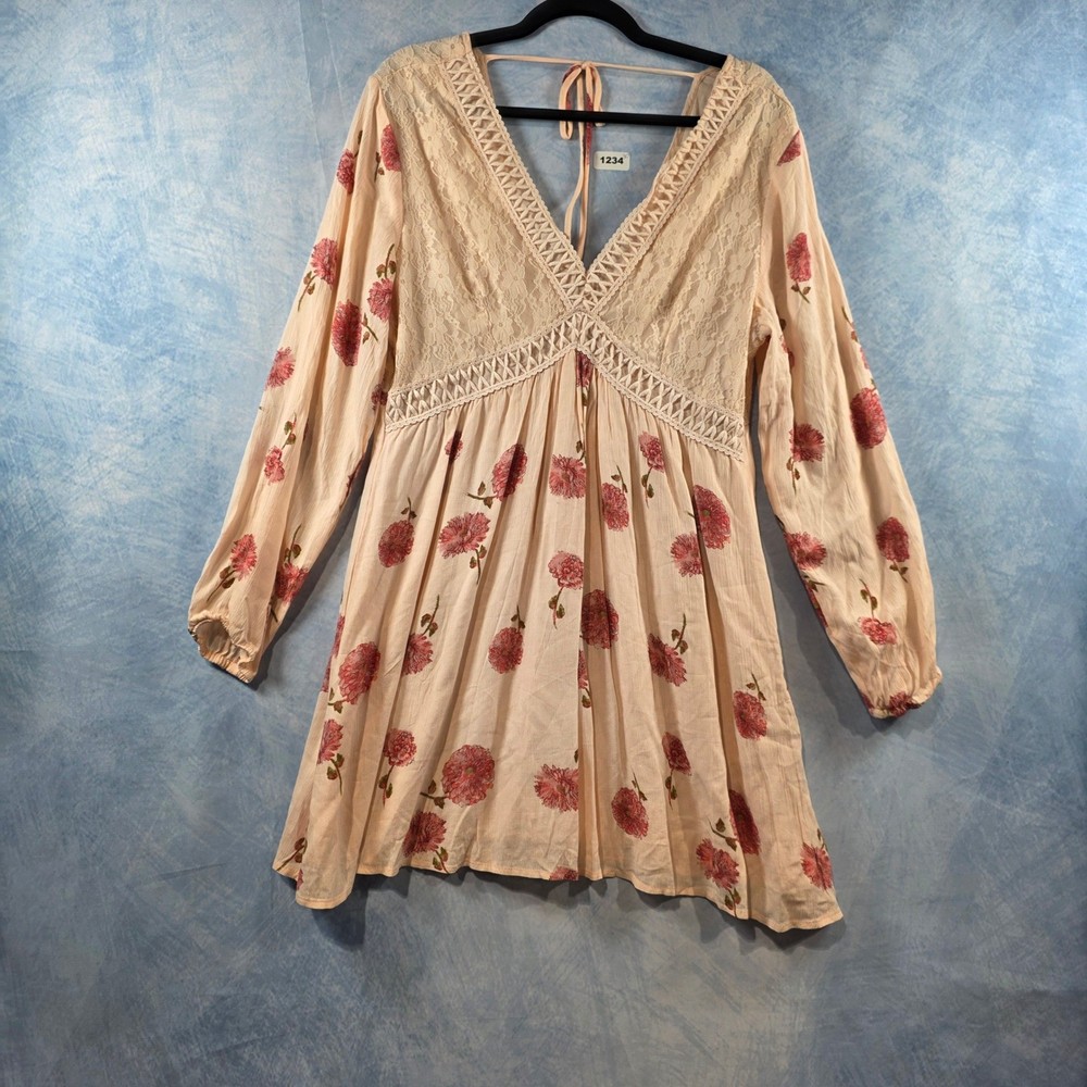 En Creme Floral Lace Boho Mini Dress XL Peach Pink Long Sleeve Crochet V-Neck