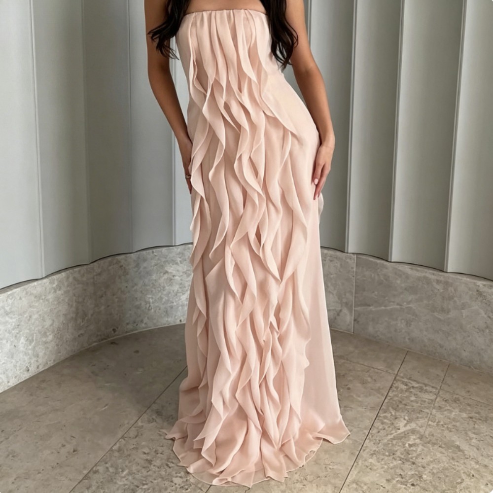 Strapless Ruffled Chiffon Maxi Dress Blush Pink Flowy Fringe Formal Evening Gown
