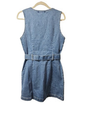 REWASH Recycled Zip Front Sz S StretchDenim Jean Dress Buckle Belt Patch Pockets