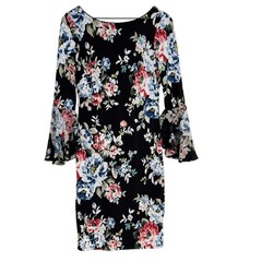 White House Black Market Black Floral Sheath Dress w Flare Sleeves Stretchy – XS