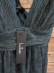 Lulus Dress Women’s Size Medium Teal Metallic Stripe Twist Back Cocktail NWT