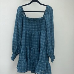 Urban Outfitters Blue Plaid Smocked Square Neck Long Sleeve Mini Dress L