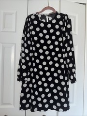 NWT Loft Black & White Polka Dots Balloon Sleeve Swing 100%Viscose Dress Size M