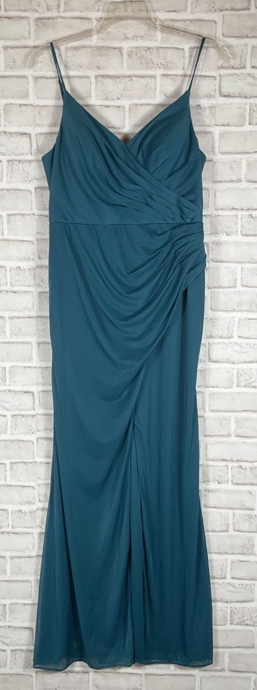Azazie Maci Dress Womens Sz A14 Teal Sheath Mesh Pleated Slit Stretch Straps