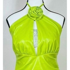AKIRA Women Faux Leather Halter Mini Dress L Lime Green Rosette Y2K Baddie Party