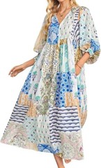 Women Boho Floral Printed Long Dress Summer Lantern Half Sleeve Beach Flowy Loos