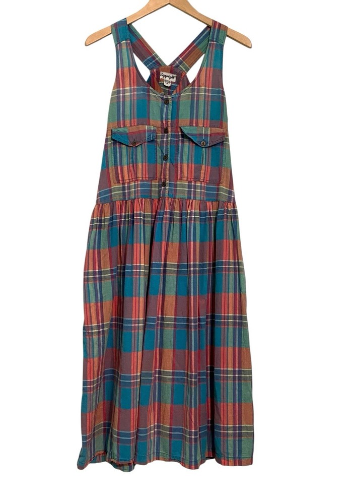 Plaid Sundress Medium Copyright Sleeveless Cotton Lightweight Pockets Summer