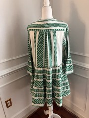 Devotion Green and White Embroidered Cotton Tunic Dress Bell Sleeve Greek Boho