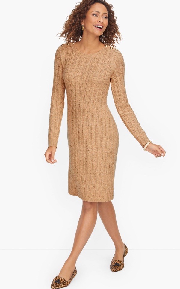 Talbots Cable Knit Button Shoulder Sweater Dress Camel Beige NWT Size Medium