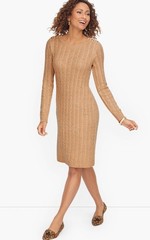 Talbots Cable Knit Button Shoulder Sweater Dress Camel Beige NWT Size Medium