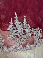 EVA Burgundy Gold Beaded Mermaid Formal Prom Evening Gown Train Lace L