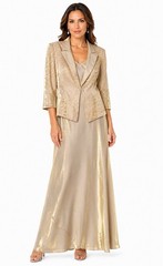 ALEX EVENINGS 2pc Gold Shimmer Metallic Dress + Jacket SET Diamond Brooch 12 = L