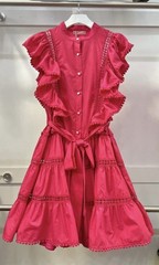 Bright Fuchsia Eyelet Ruffle Tie-Waist Dress