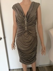 Cache Brown Solid Ruched V-Neck Sleeveless Sheath Knee Dress Rhinestone, L