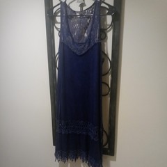 Dark Blue Acid Wash Sleeveless Stretch Midi Lace Dress Size Medium