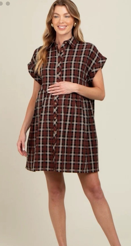 Black Plaid Rolled Cuff Sleeve Button Down Maternity Dress, Size Medium