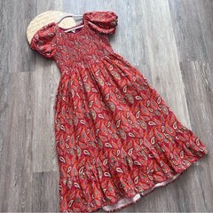 Blueberi boulevard paisley boho smocked pinafore midi dress womens L