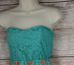 Womens Size Medium Strapless High Low Dress Teal Turquoise Striped Lace