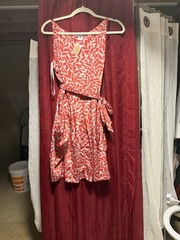 Papaya Coral Leaf- Print Tie Waist Mini Dress