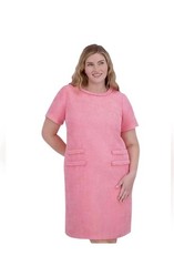 Pink Solid Tweed Shift Dress Crew Neck Short Sleeve Knee Length Pockets