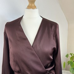 Never Fully Dressed Chocolate Coco Wrap Dress Size 10 Satin Minimalist Elegant