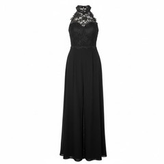The Vintage Shop Dress Appliqué Halter Sleeveless Split Black Lace Romper Dress
