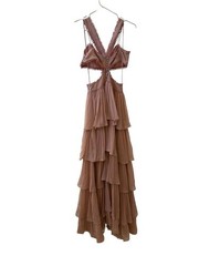CINQ A SEPT Cutout Crepe Tiered Pleated Maxi Dress in Pink Sz 4
