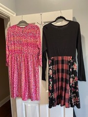 Set of 2 1XL Long Sleeve Dresses, Pink Black Floral, Polyester Rayon Nylon, EUC