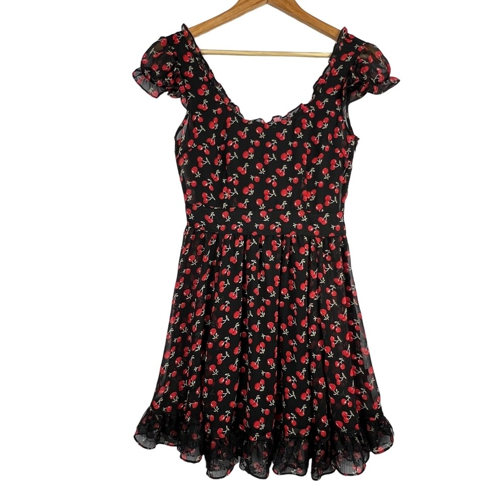 ROYAL BONES RETRO Cherry Flowy Ruffled Hem Puff Sleeve Lined Lacey Mini Dress S