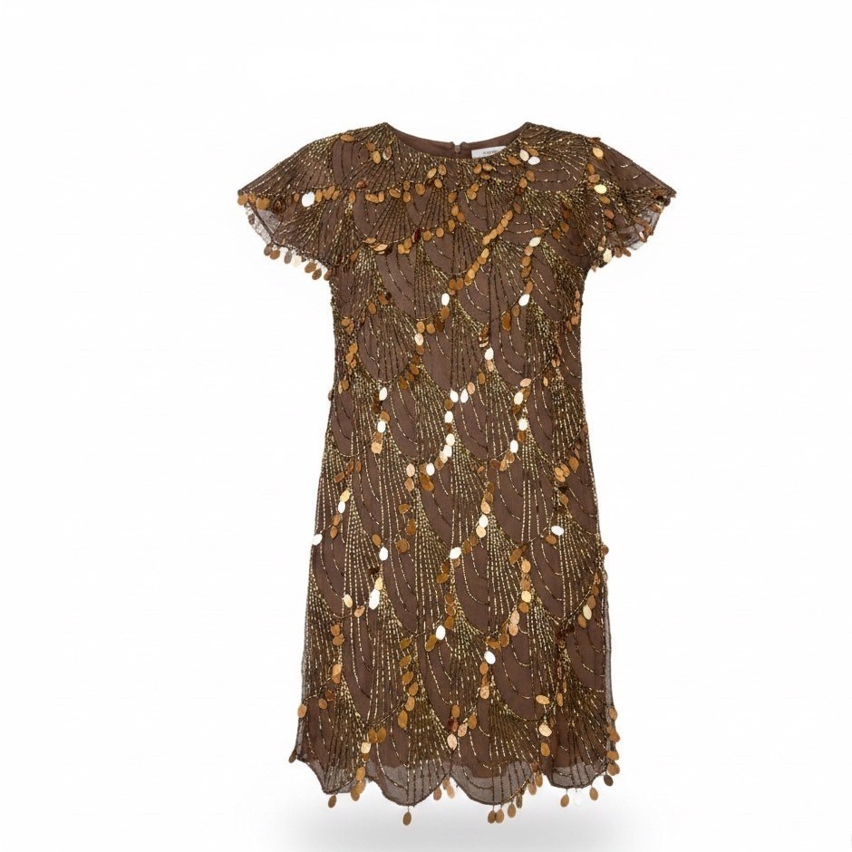 Oleg Cassini Womens Brown Silk Mesh Sequin Embellished Cocktail Dress Size 8