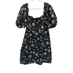 Blue Rain Black Silver Floral Embroidered Puff Sleeve Dress Women&rsquo;s Size L