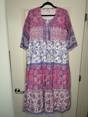 Bella Tu Pink & Blue Floral Printed Tiered Midi Dress Short Sleeves Size Medium