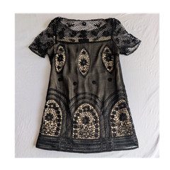 DEFENON Silk Cotton Black Lace Floral Embroidered Short Dress M Cap Sleeve