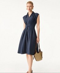 OGL Viscose-Linen Collared V-neck Midi Dress with Drawstring, Denim Navy