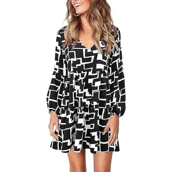 NWT Medium Cosonsen Womens Printed Swing Shift Dress Long Sleeve V Neck Tunic