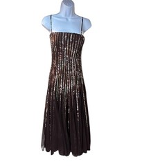 Caché Women’s Chocolate Brown Sheer Overlay Pleated Spaghetti Strap Midi Dress 8