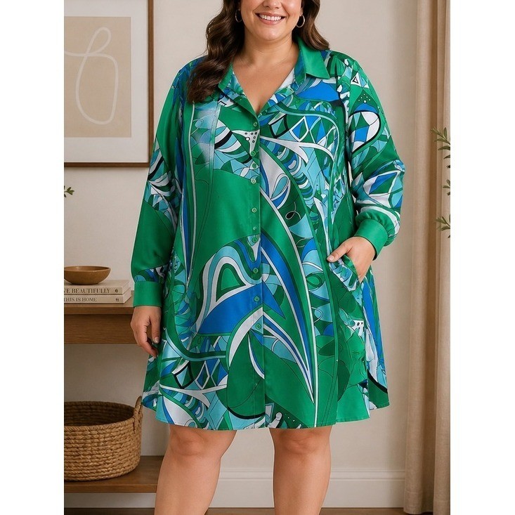 Plus-Size Green & Blue Long Sleeve Abstract Print Shirt Dress