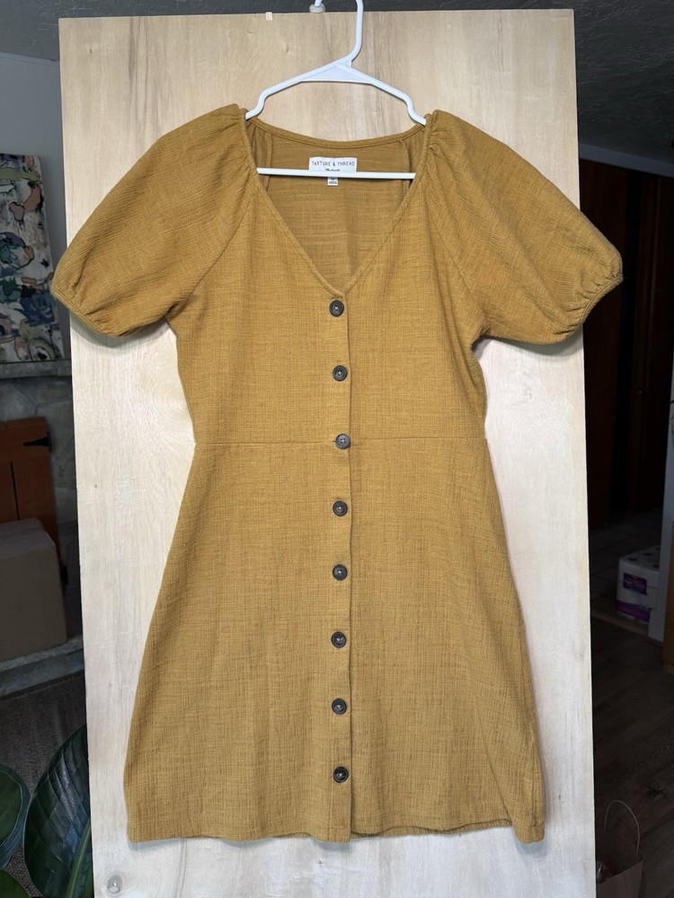 Madewell Texture & Thread Puff Sleeve Dress Women&rsquo;s XS Mustard Yellow V-Neck