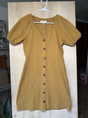 Madewell Texture & Thread Puff Sleeve Dress Women&rsquo;s XS Mustard Yellow V-Neck