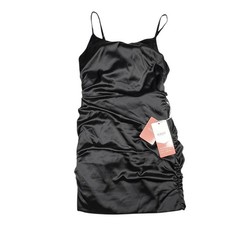 Stacees Mini Dress Womens Custom Black Satin Ruched Bodycon Sleek Glam Formal