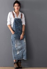 Distressed Denim Blue Urban Edgy Long Pu Leather Pinafore Dungaree Dress 12 14