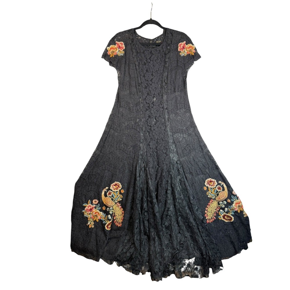 Johnny Was Biya Black Lace Embroidered Peacock Floral Maxi Dress Petite Large PL