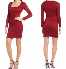 Row A Womens Sz M Square Neckline Long Sleeve Smocked Bodycon Dress Red Burgundy