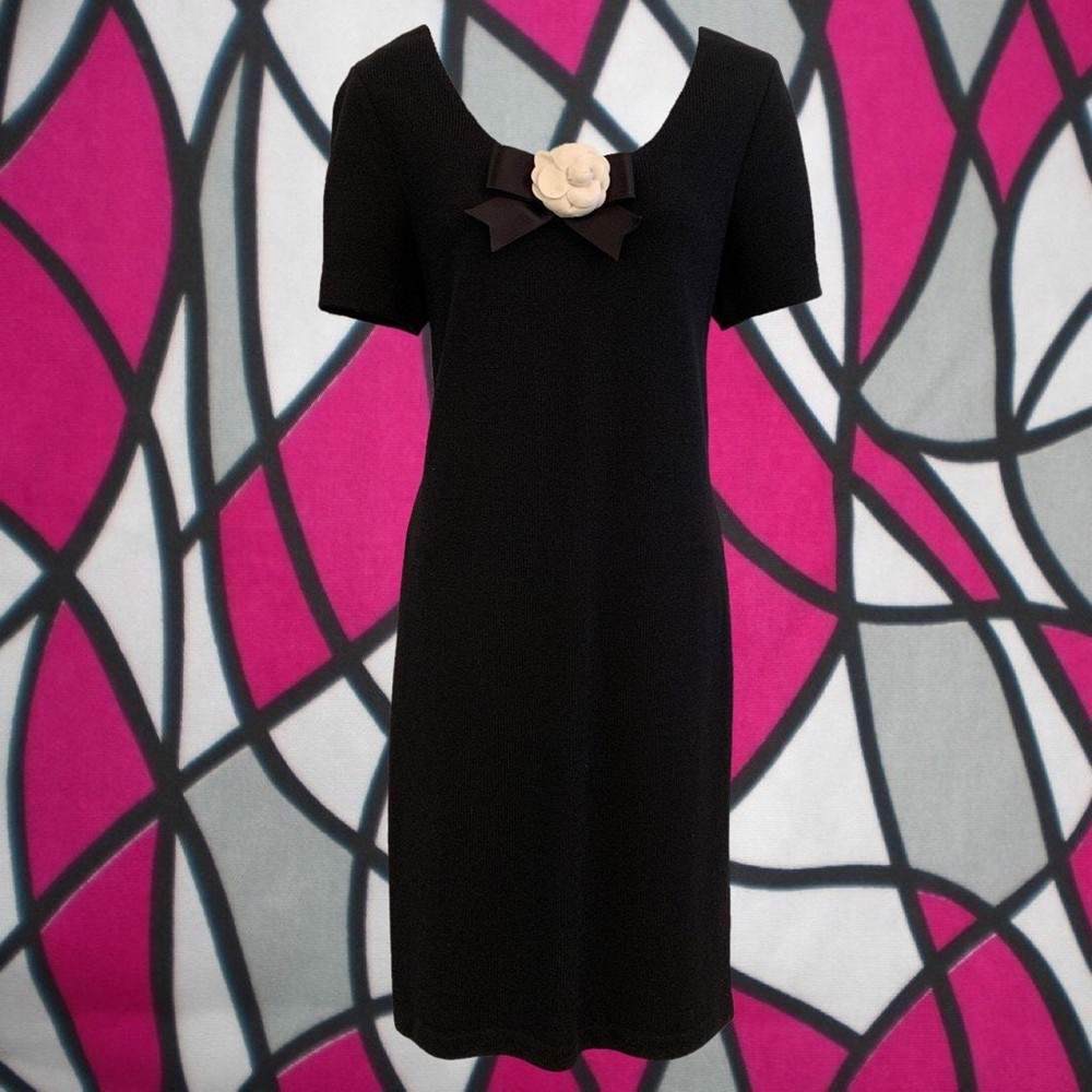 Vintage 80&rsquo;s St. John Knit Little Black Dress • Removable White Flower & Bow