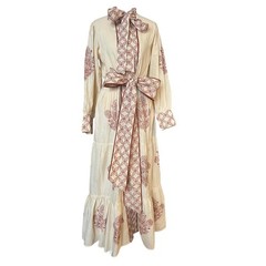 Sue Sartor Dress Small Cotton Embroidered Bow Tie Belt Midi Prairie Cottagecore