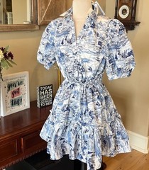 Sugarlips White Blue Etchings Collared Puff Sleeve Mini Ruffle Hem Puff Sleeve